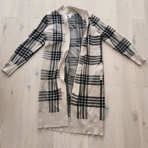 Max Studio Beige Plaid Open-Front Long Cardigan